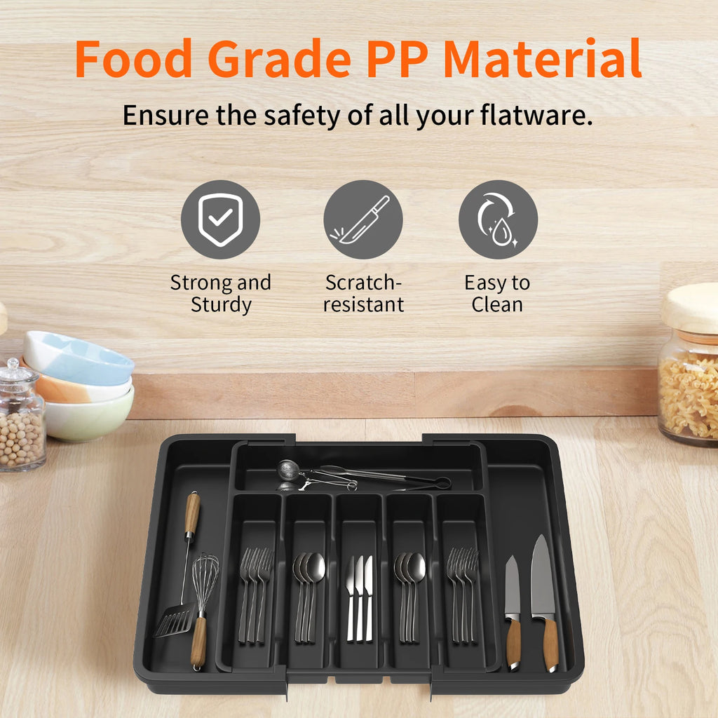 Cutlery Drawer Organiser, 33-57CM Expandable Utensil Tray for Kitchen with 8 Compartment Holders,for Spoons Forks Knives