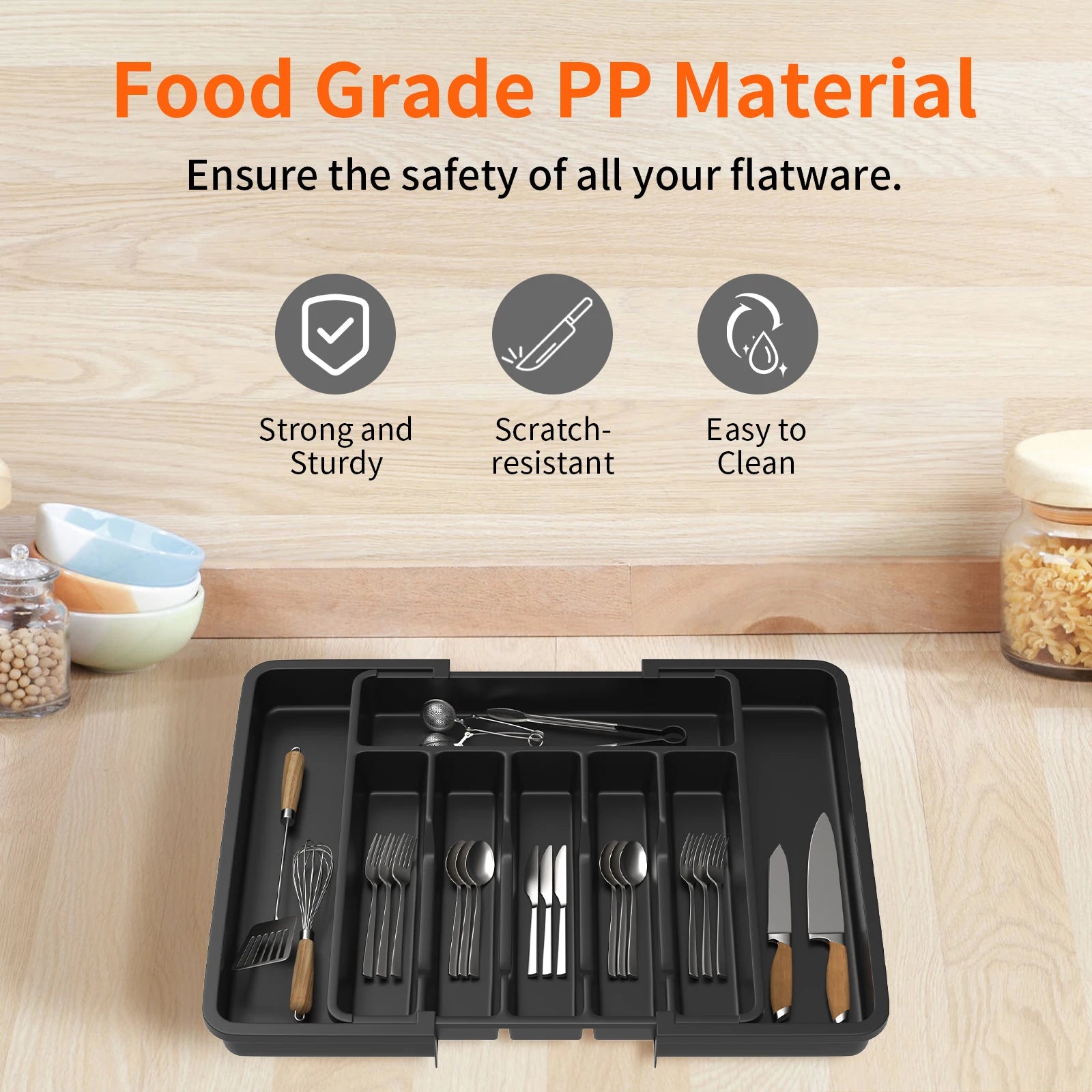 Cutlery Drawer Organiser, 33-57CM Expandable Utensil Tray for Kitchen with 8 Compartment Holders,for Spoons Forks Knives