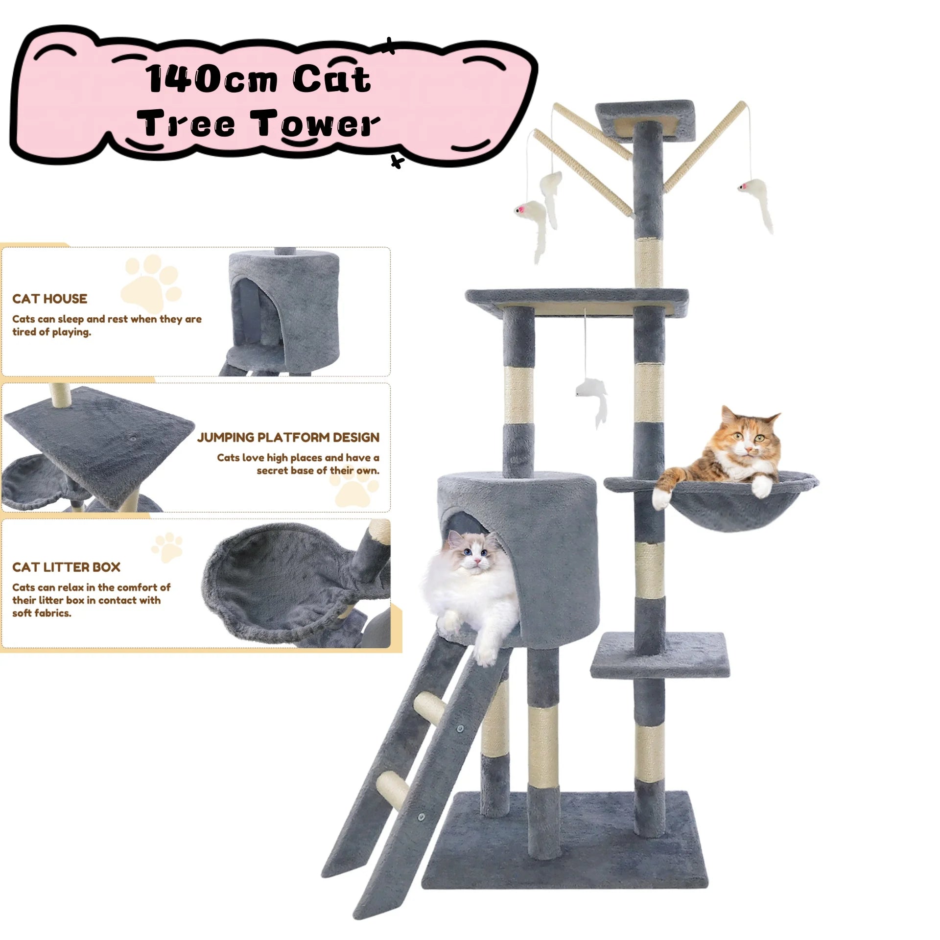 140cm Cat Tree Tower Scratching Posts Multilevel Cat Climbing House with Condos&Ladder Pet Activity Centre for Cat Play and Rest
