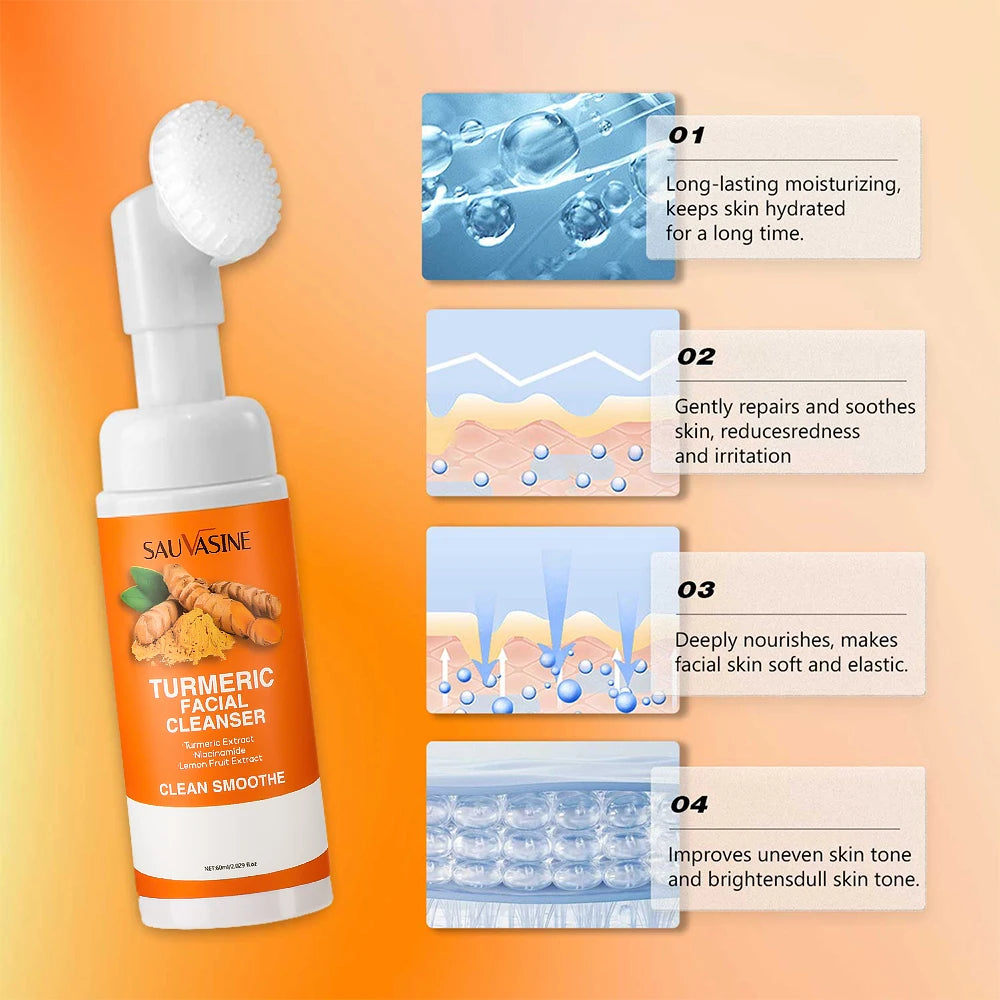 Turmeric Cleanser Moisturize Facial Brightening Skin Tone Daily Face Wash Foam with Brush Skin Care Clean Lemon Fruit Extract