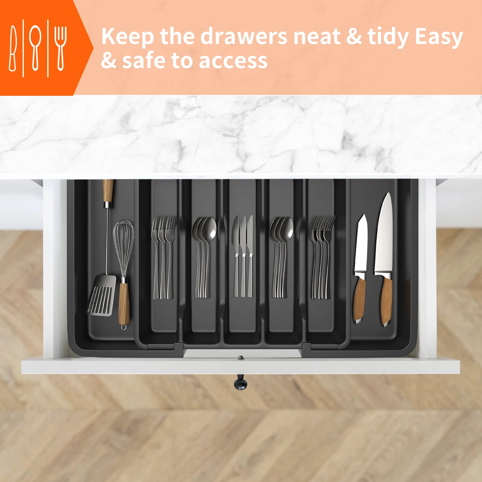 Cutlery Drawer Organiser, 33-57CM Expandable Utensil Tray for Kitchen with 8 Compartment Holders,for Spoons Forks Knives