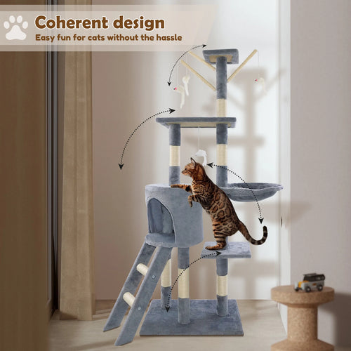 140cm Cat Tree Tower Scratching Posts Multilevel Cat Climbing House with Condos&Ladder Pet Activity Centre for Cat Play and Rest