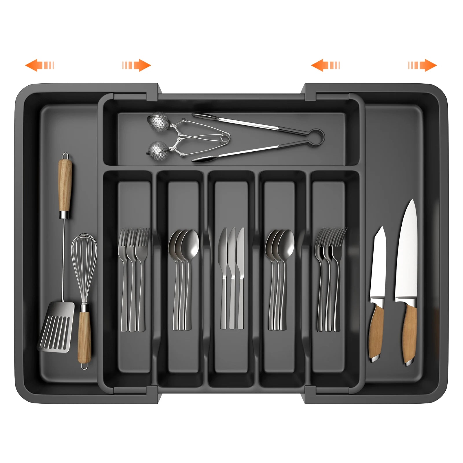 Cutlery Drawer Organiser, 33-57CM Expandable Utensil Tray for Kitchen with 8 Compartment Holders,for Spoons Forks Knives