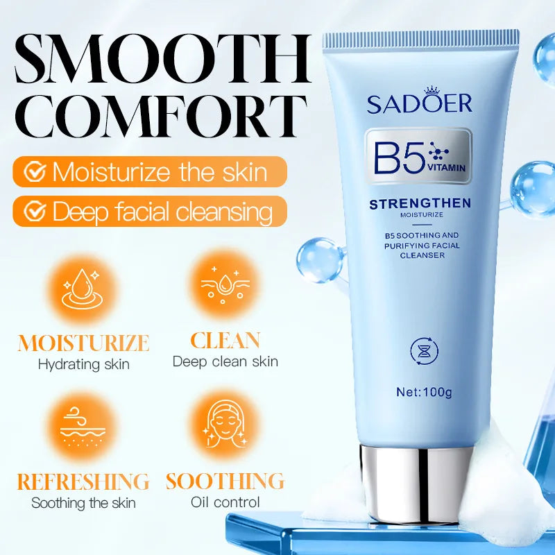 SADOER Vitamin B5 Facial Cleanser Moisturizing Oil Control Deep Cleansing Anti-aigng Face Wash Foam Facial Cleanser Skin Care