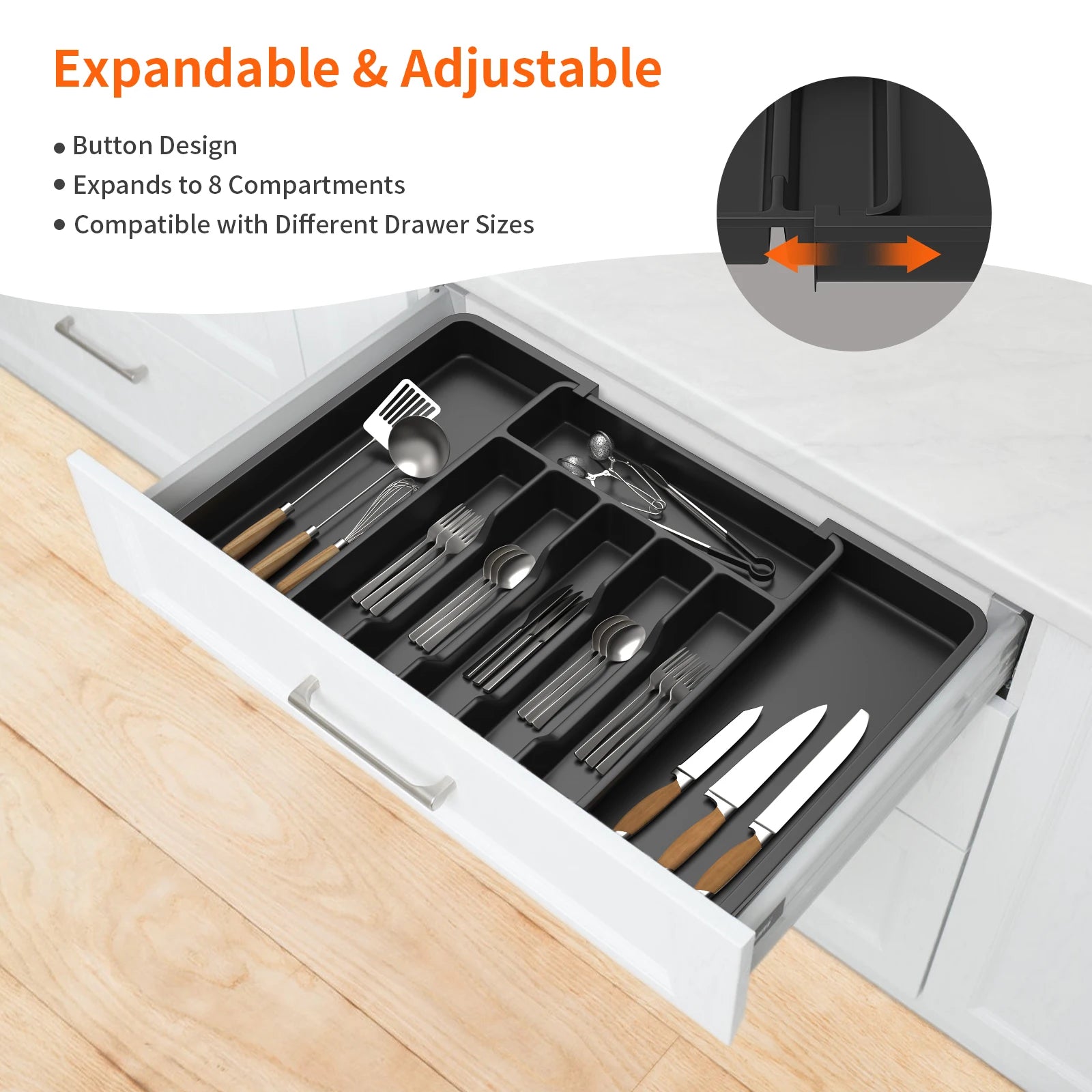 Cutlery Drawer Organiser, 33-57CM Expandable Utensil Tray for Kitchen with 8 Compartment Holders,for Spoons Forks Knives