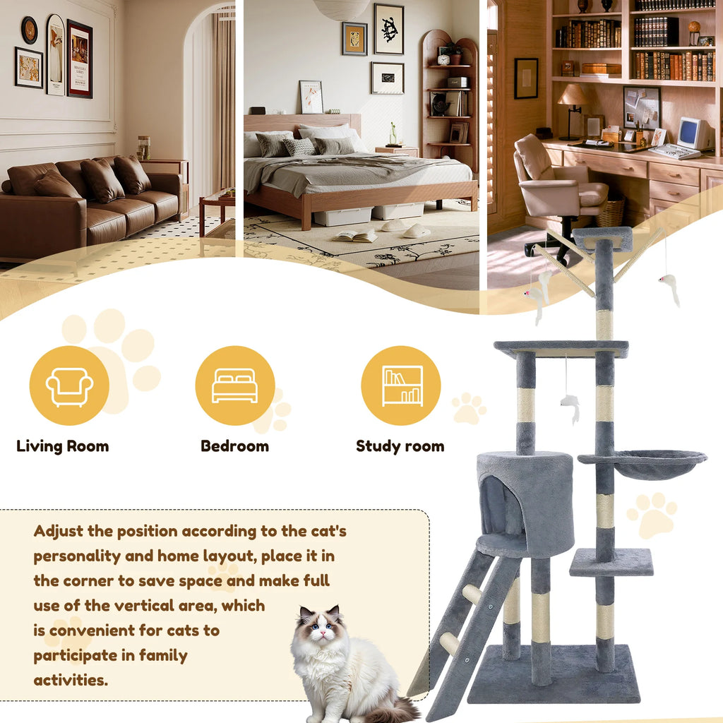 140cm Cat Tree Tower Scratching Posts Multilevel Cat Climbing House with Condos&Ladder Pet Activity Centre for Cat Play and Rest