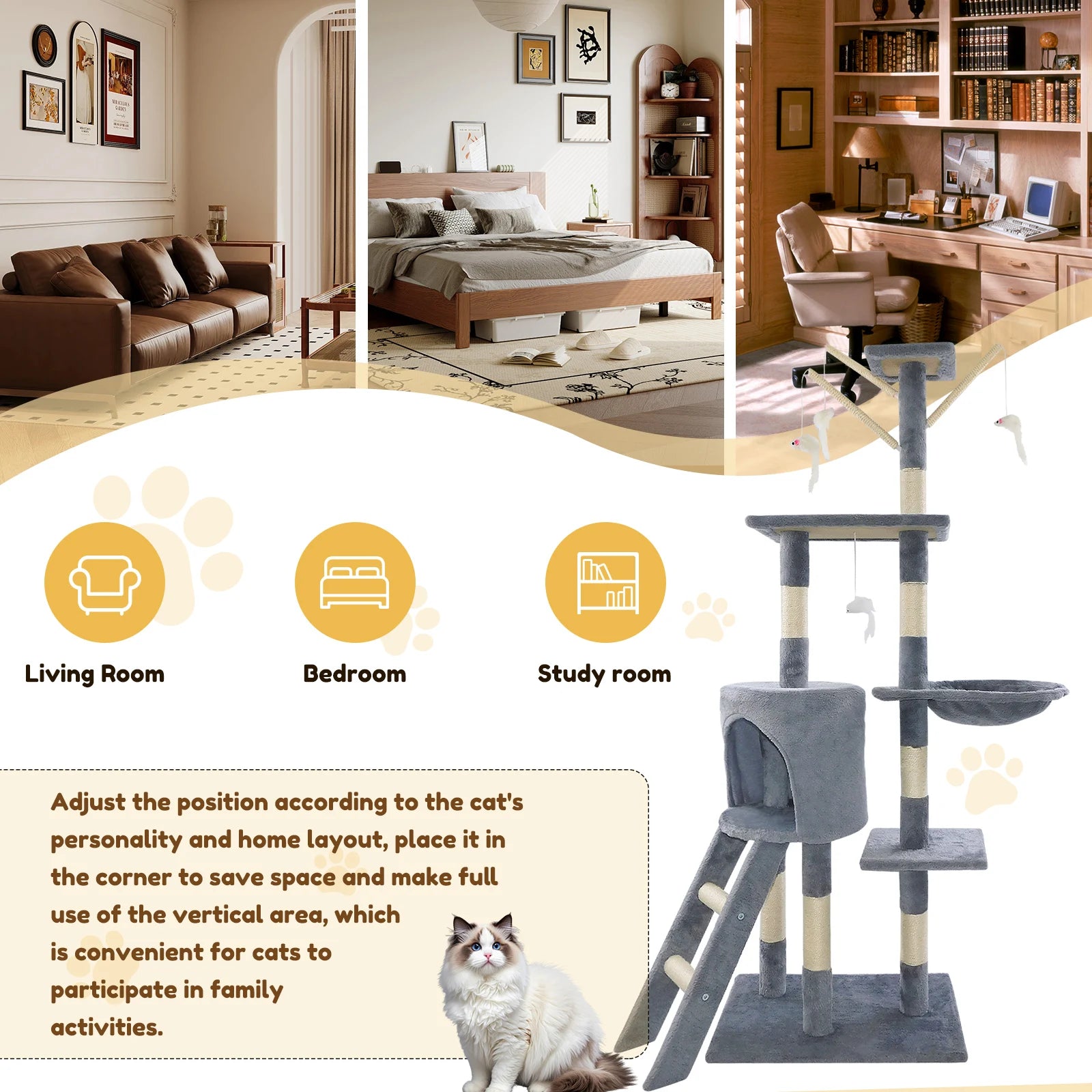 140cm Cat Tree Tower Scratching Posts Multilevel Cat Climbing House with Condos&Ladder Pet Activity Centre for Cat Play and Rest