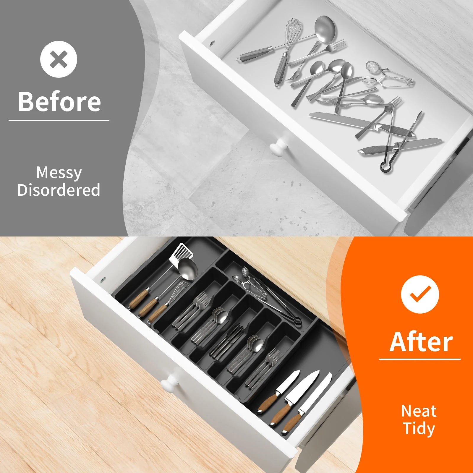 Cutlery Drawer Organiser, 33-57CM Expandable Utensil Tray for Kitchen with 8 Compartment Holders,for Spoons Forks Knives