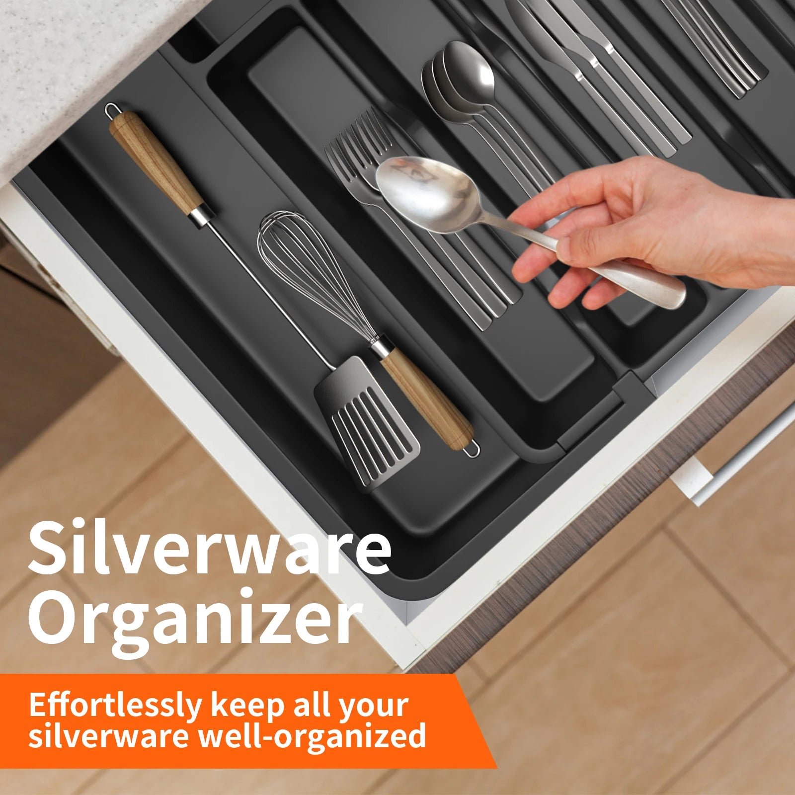 Cutlery Drawer Organiser, 33-57CM Expandable Utensil Tray for Kitchen with 8 Compartment Holders,for Spoons Forks Knives